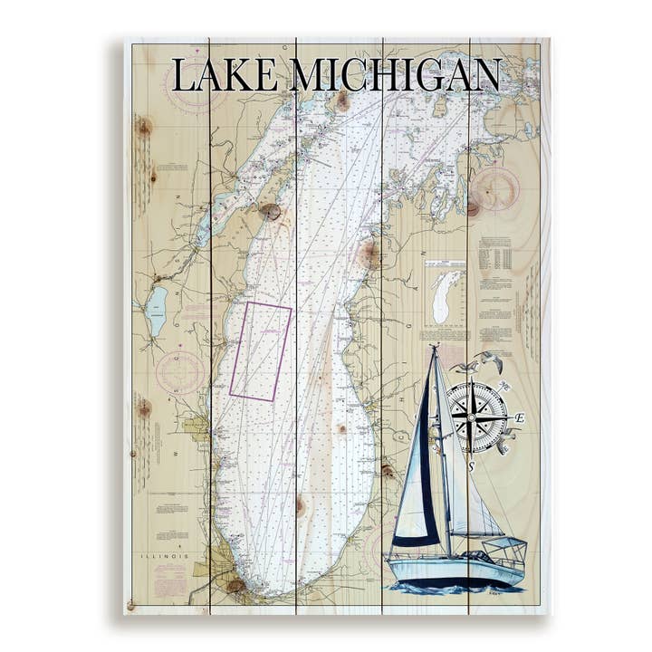 Lake Michigan 18x24 Wood Pallet Map-Vertical for wholesale by Map Mom