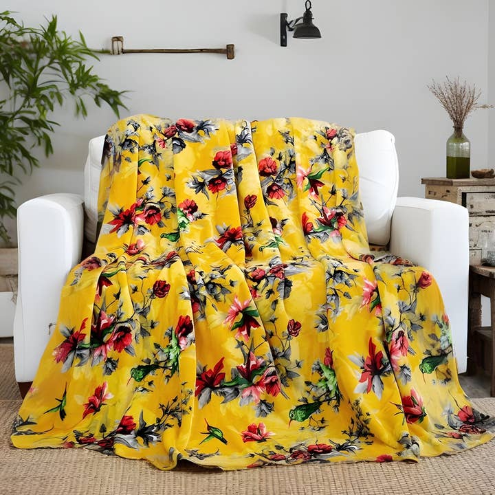 DaDa Bedding Yellow Farmhouse Rustic Spring Floral Hummingbirds Soft Fleece Throw Blanket (925) for wholesale by DaDalogy Bedding