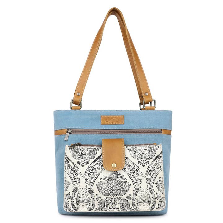 Canvas & Leather Women Crossbody - Alabaster/Carolina Blue for wholesale by Sixtease Bags USA