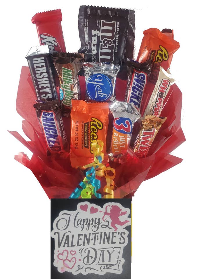 Chocolate Candy Bouquet in Val Day Cupid box (12 pc candy) for wholesale by So Sweet of You