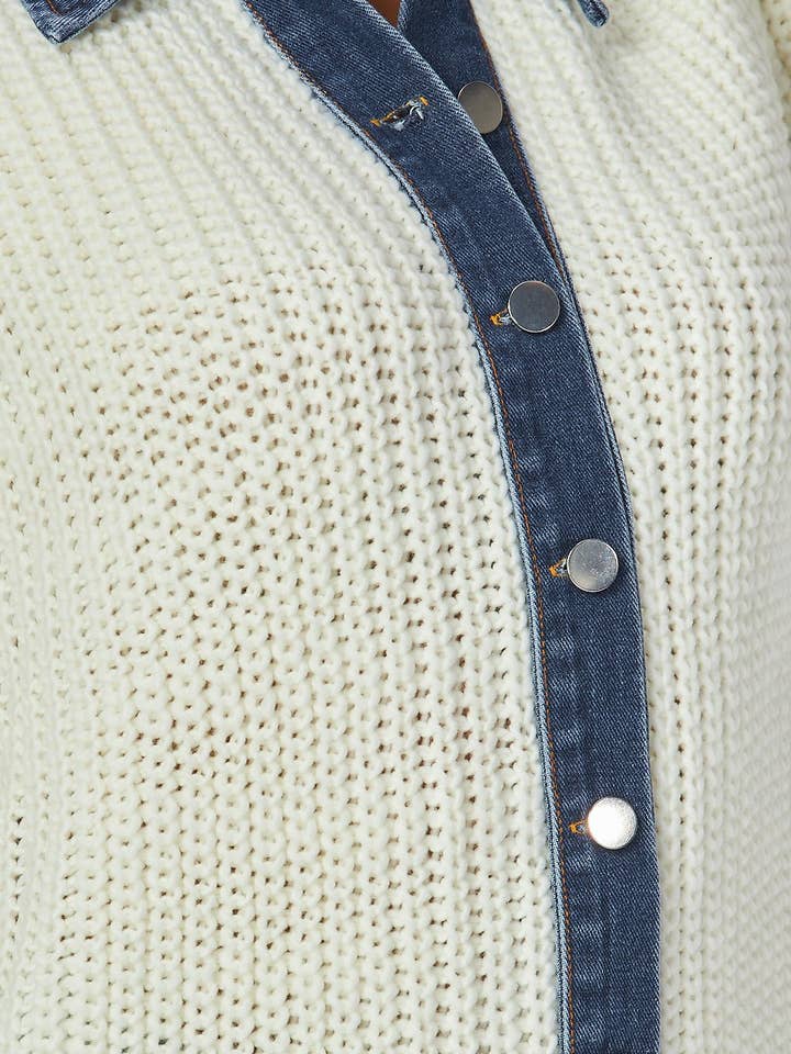 Cream Africa Denim Contrast Knit Sweater Shacket (HT8607) for wholesale on Faire4