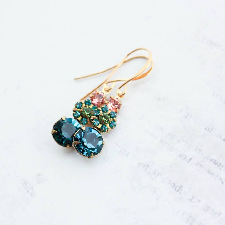 A Pocket of Posies - Wholesale Dangle Earrings - Deep Teal and Peach Earrings | Vintage Glass | Jewel Tones