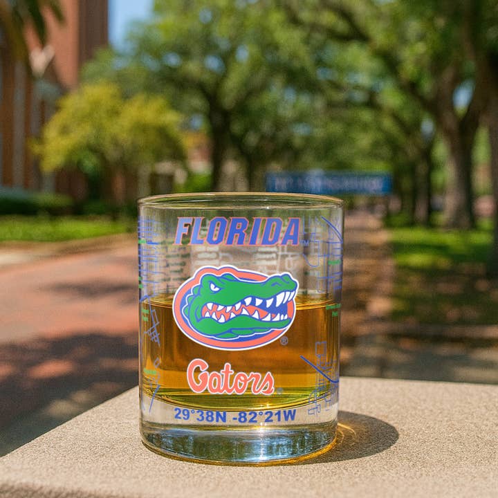 Greenline Goods - Wholesale Cocktail/Liquor Glass - University of Florida Gators College Whiskey Glasses (Set of 2), 10 oz – Full-Color Logo + Campus Map3