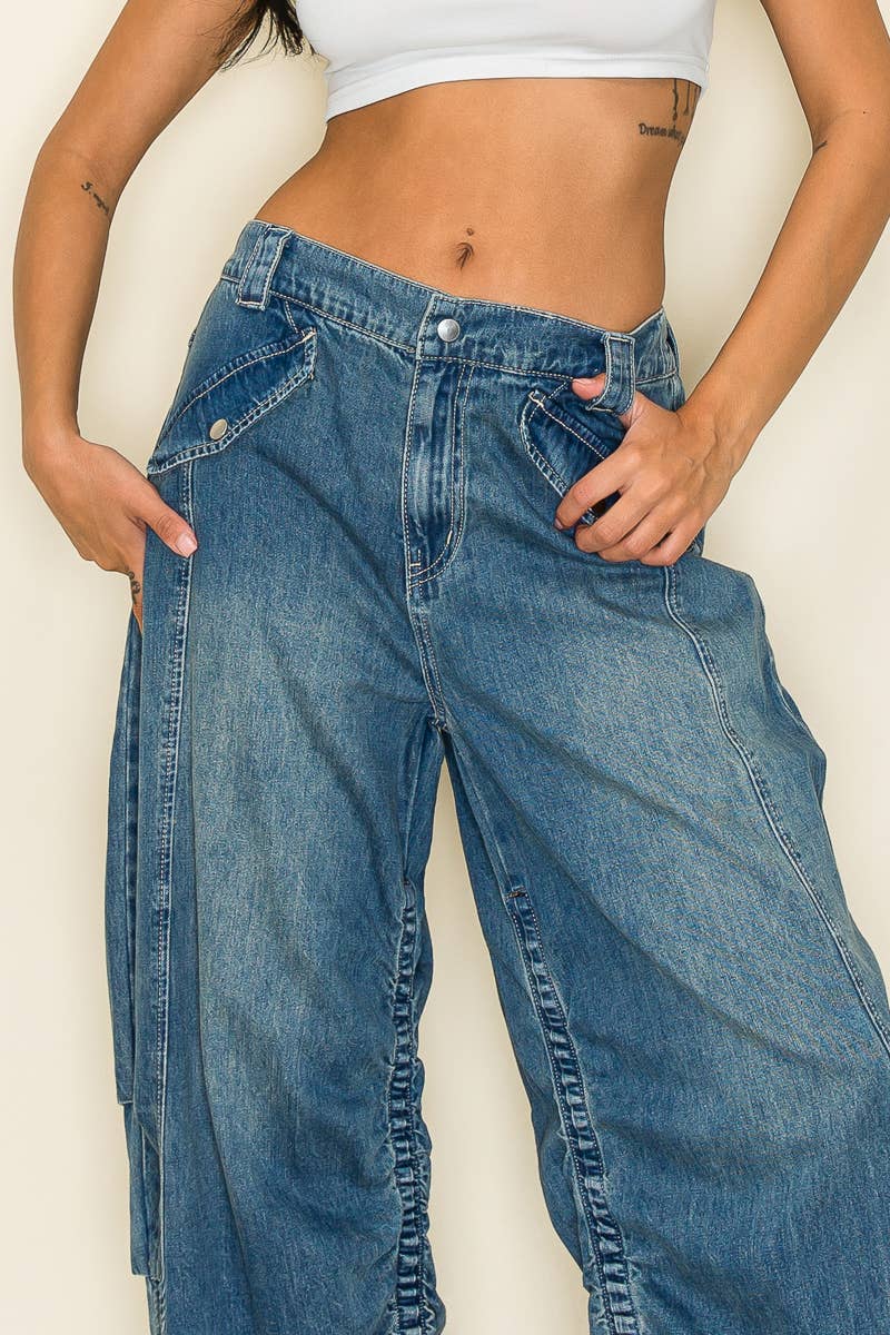 Medium Wash Wide Leg Baggy Drawstring Hem Jeans for wholesale on Faire4