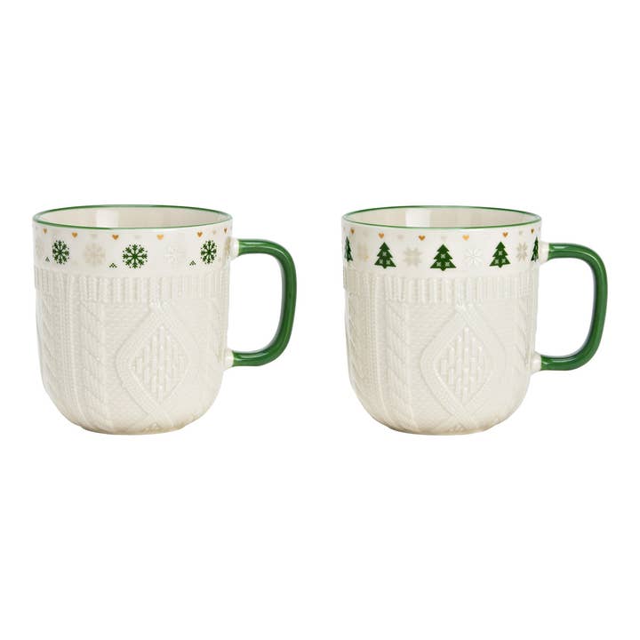 Beker Kerstmis Decor, 3D gebreid motief van porselein, 2-delig, Wit (B/H/D) 12x9x9cm 345ml voor wholesale door Wurm