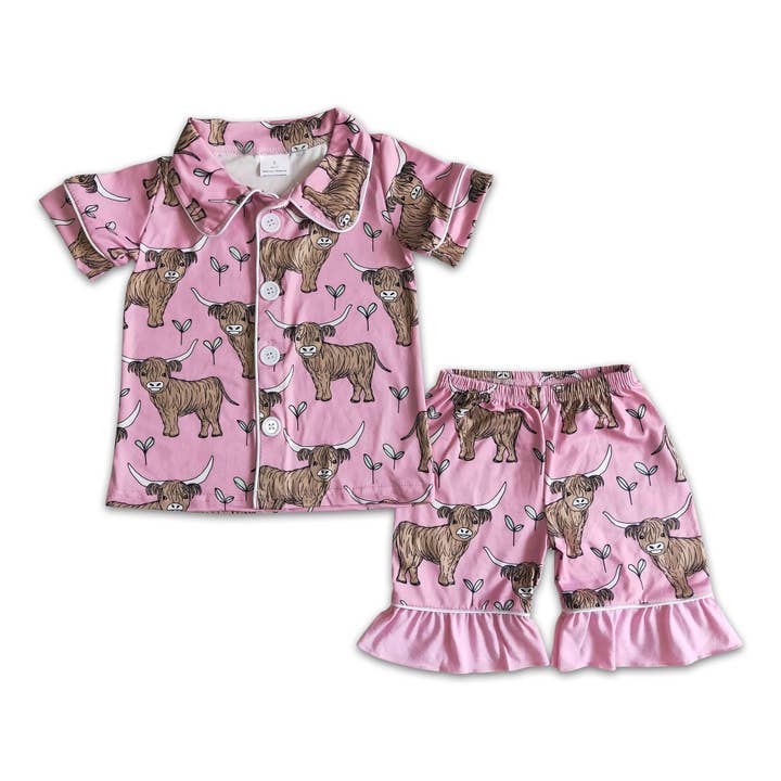 Pink cow print shorts girls summer pajamas for wholesale by Yawoo Garments