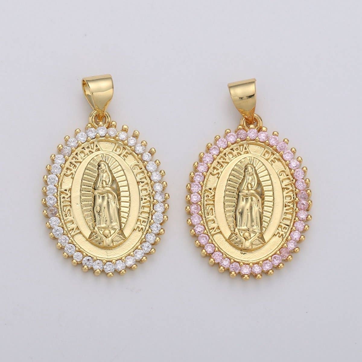 Aim Eternal - Wholesale Pendant/Charm Necklace - Overstock Clearance 24k Gold Filled Virgin Mary Pendant Necklace Pink Micro Pave Virgen de Guadalupe Medallion Pendant for Necklace Religious Jewelry Supply I-649 I-6504