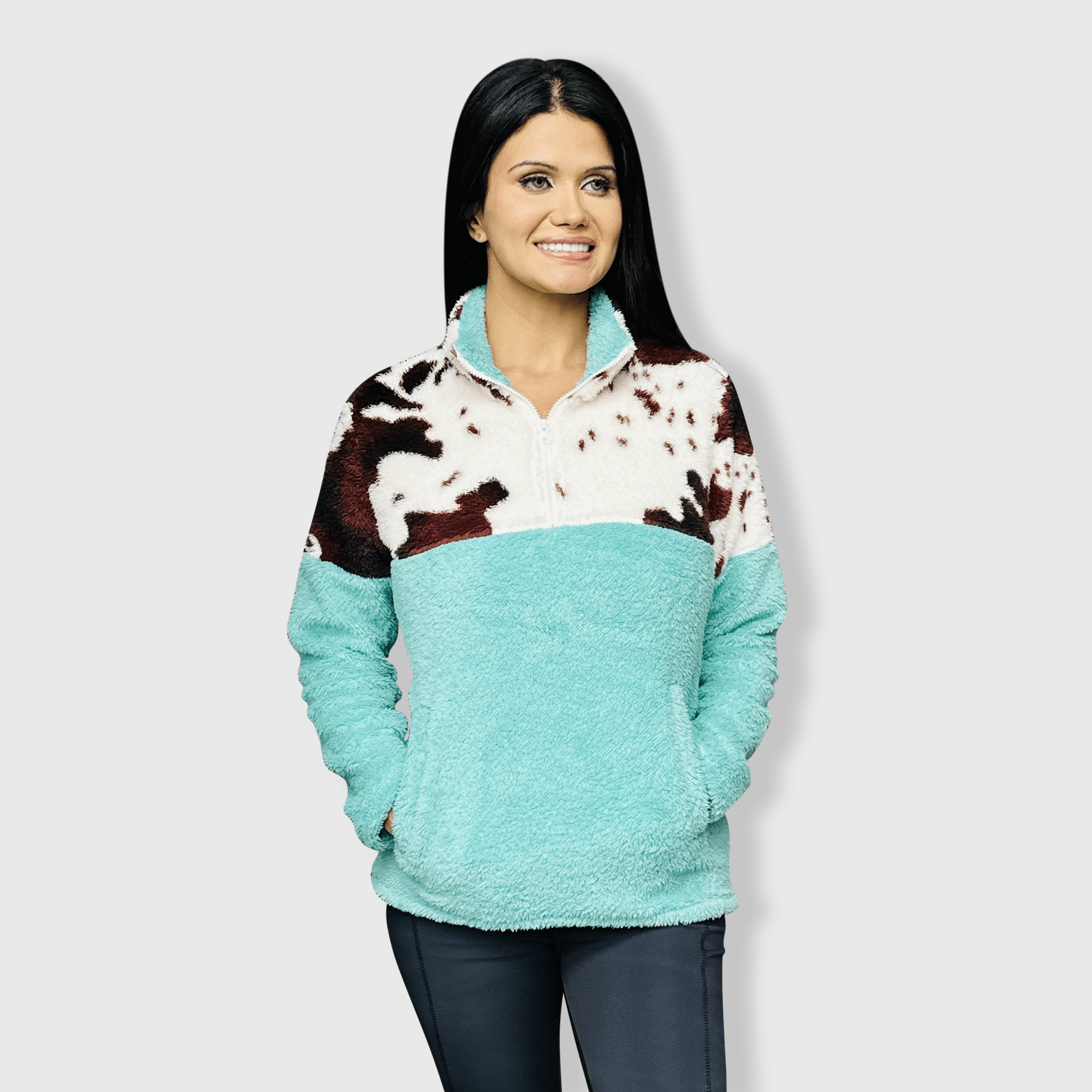 ILTEX Apparel - Vente Sweat-shirt – femme - Pull Sherpa en forme de vache marron turquoise pour femme1