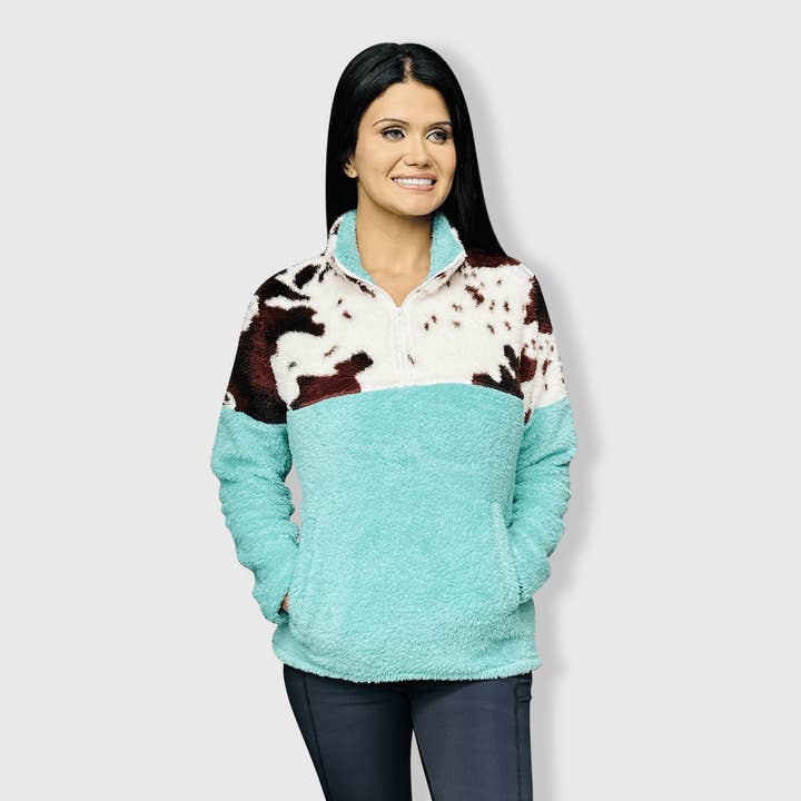 ILTEX Apparel - Wholesale Sweatshirt - Women's - Sherpa Turquoise Brown Cow Pullover Women1