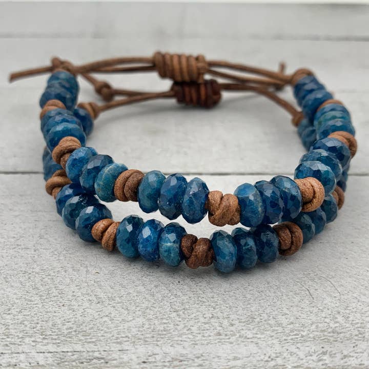 Apatite and Rustic Brown Leather Bracelet. Faceted Blue Gems for wholesale by Sunlight Silver Jewelry
