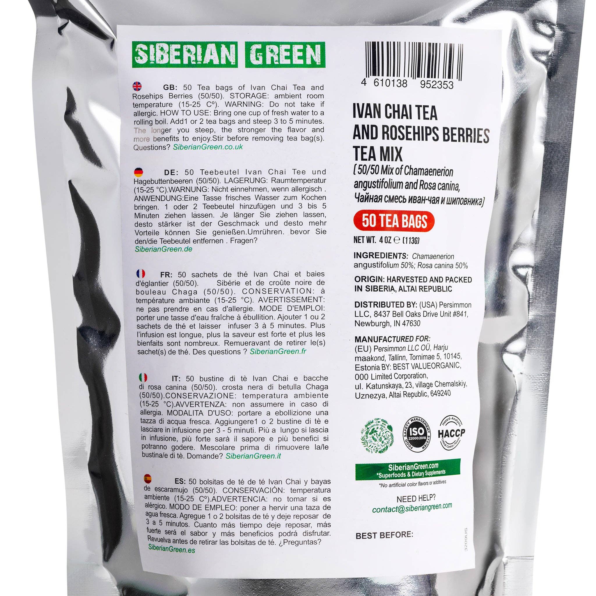SiberianGreen - Vente Sachets de thé - 50 sachets de tisane de thé vert sibérien Ivan Chai avec baies d'églantier3