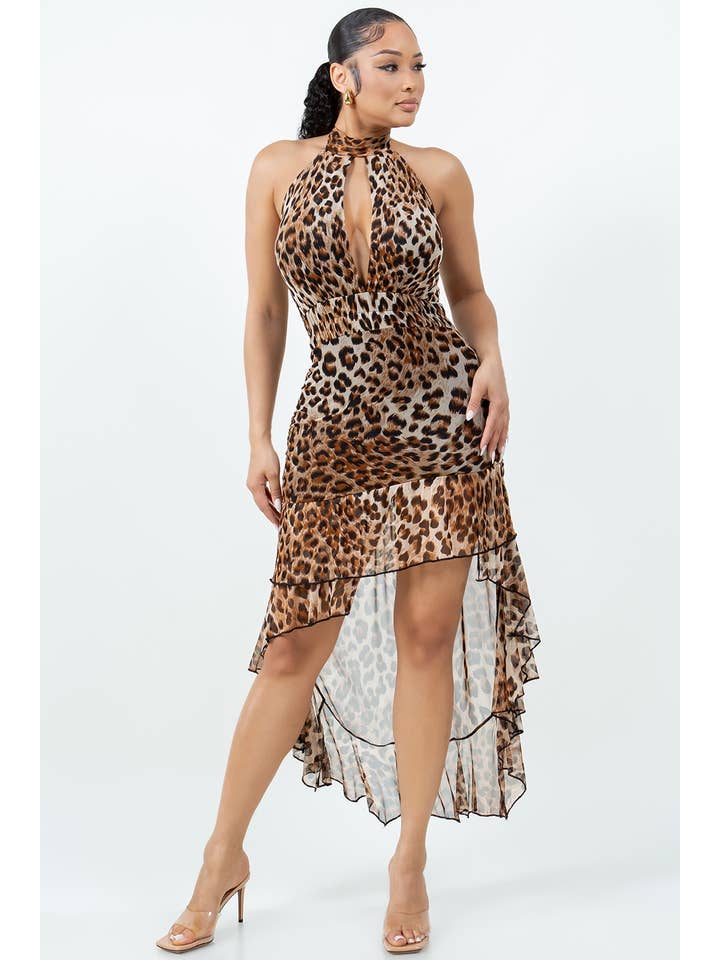 BROWN D14100 ANIMAL MESH PRINT HALTER DRESS WITH LINING for wholesale on Faire