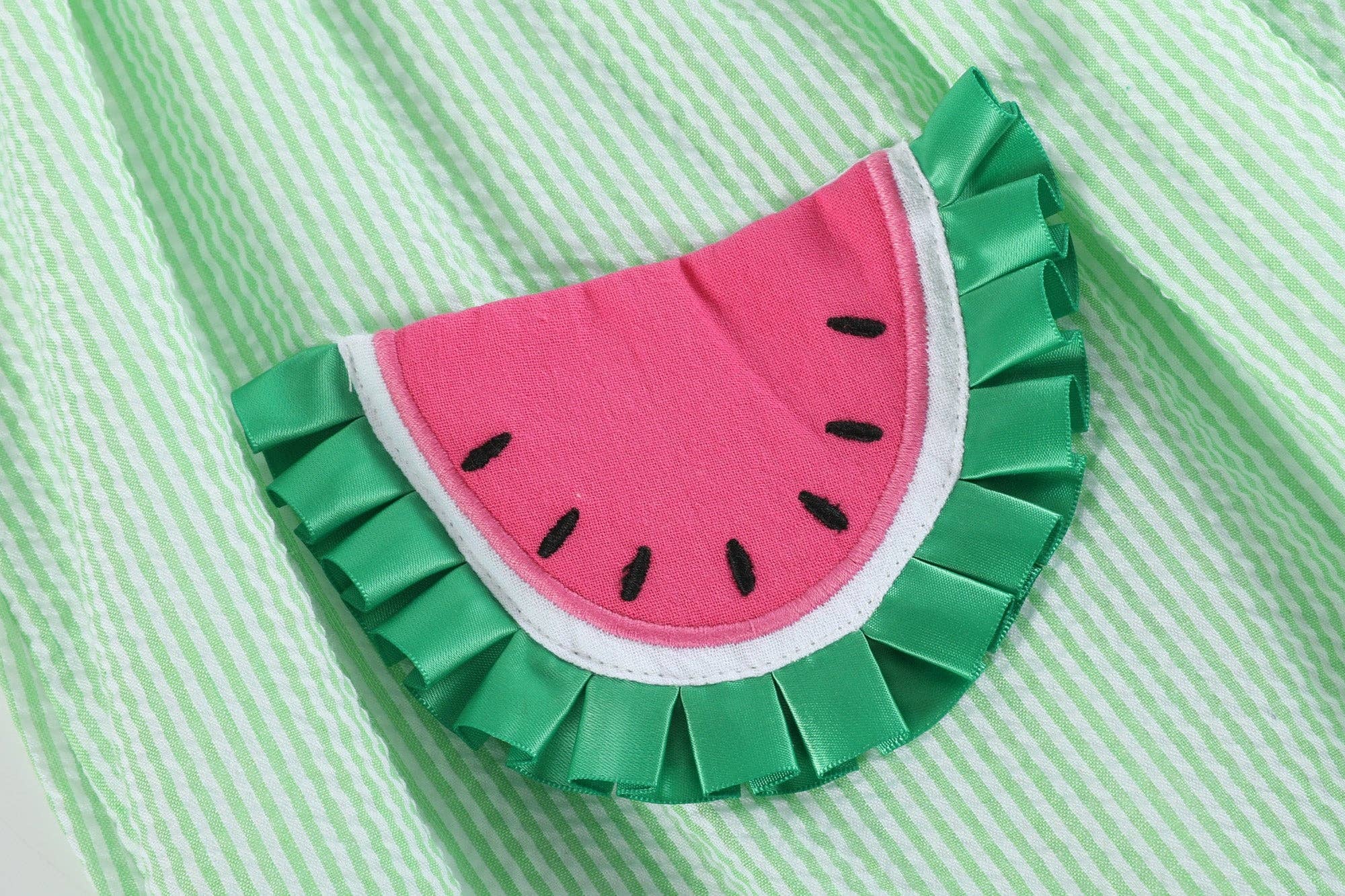 Lil Cactus - Wholesale Dress - Kids - Green Seersucker Watermelon Smocked Bishop Dress3