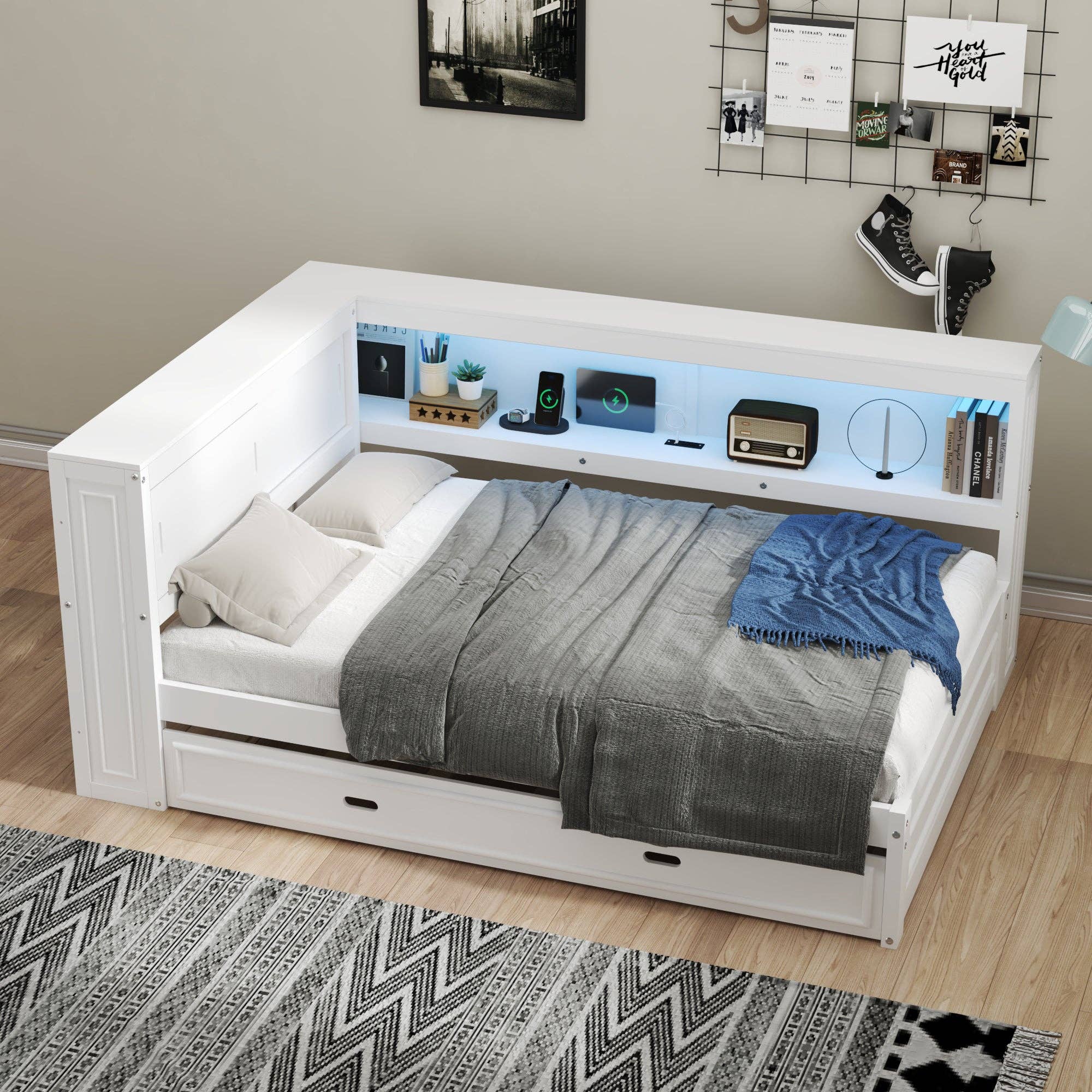 39F Inc. - Wholesale Bed - Full Size White Daybed with Storage Shelves USB and Trundle0