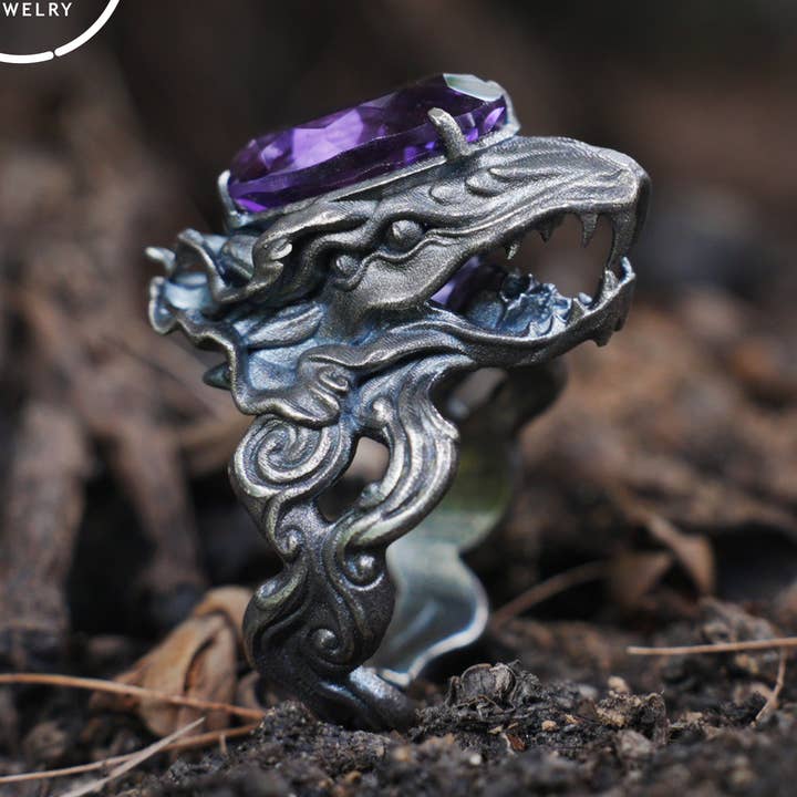 Large Amethyst Ring in 925 Sterling Silver with Dragon Head, Gothic Totem Style, Gift for Men or Fantasy Jewelry Lovers for wholesale by idjewelry