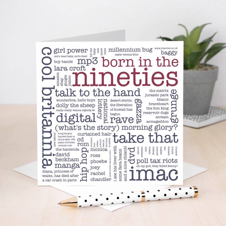 Born In The Nineties Card, All About The 1990s Decade for wholesale by Coulson Macleod (U.S. Duties Paid)