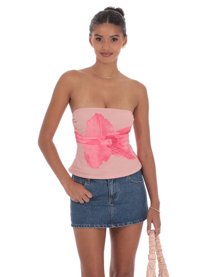 Mesh Floral Gerafftes Tube-Top in Blassrosa für den Großhandel von Lucy In The Sky