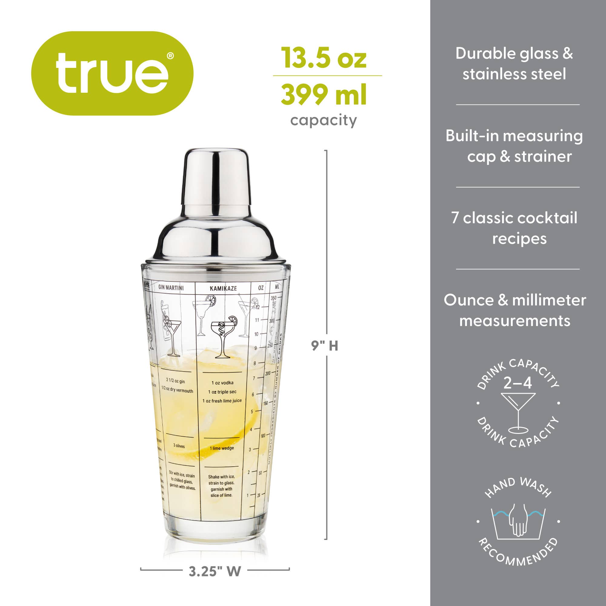 TRUE - Wholesale Cocktail Shaker - 7 Cocktail Recipe Stainless Steel and Glass Shaker 13.5 oz5