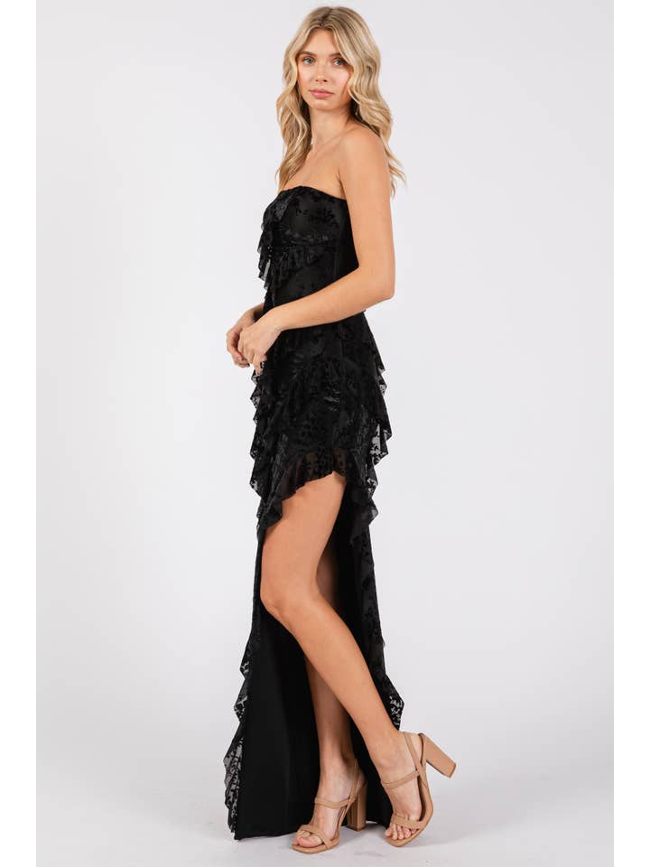 Black VID51523 - VELVET FLORAL PRINT MESH RUFFLED LONG DRESS for wholesale on Faire2