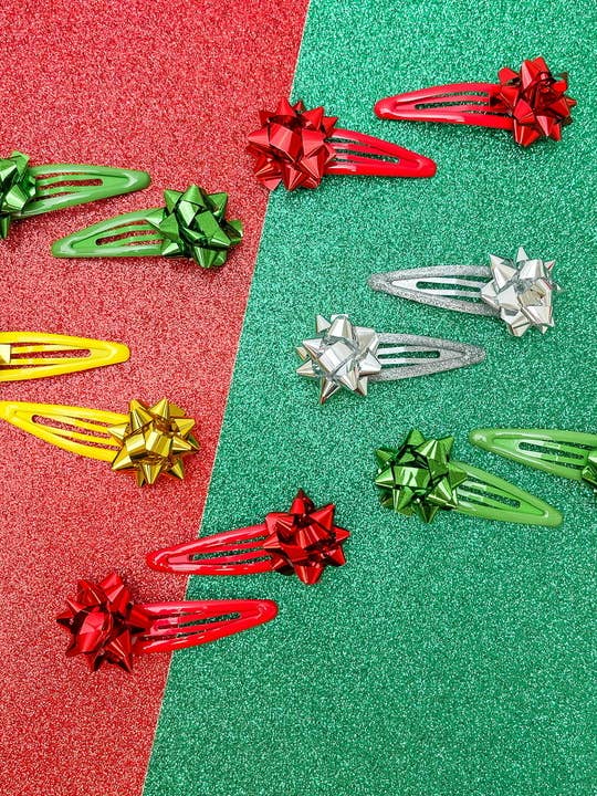 Metallic Present Bow Hair Clip Pack of 12 - ASSORTED for wholesale by Prep Obsessed Wholesale