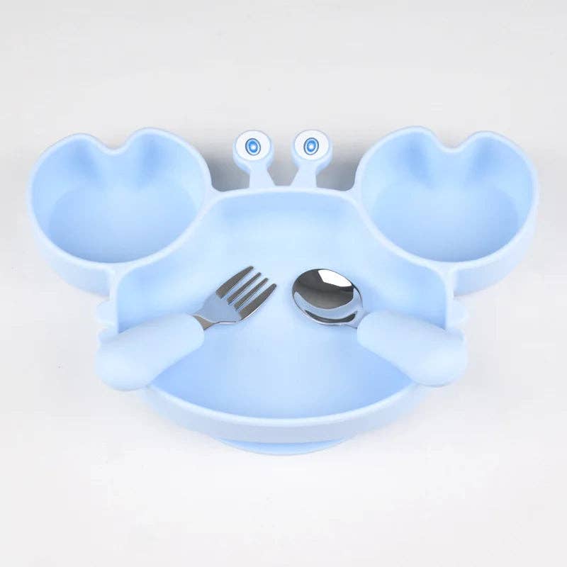 Kiyo Home – Engroshandel Spisestel – Børn og baby – Silikone Krabbe Tallerken med Bestik | Børnetallerken | Servicesæt1