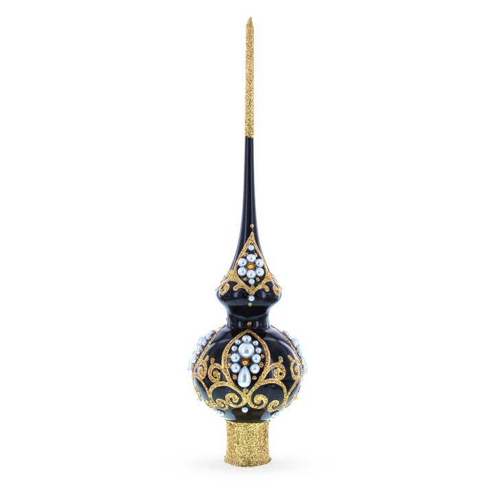 BestPysanky – wholesale Julstjärna – Elegant svart och guld filigrandesign glas julgransspira 11 tum