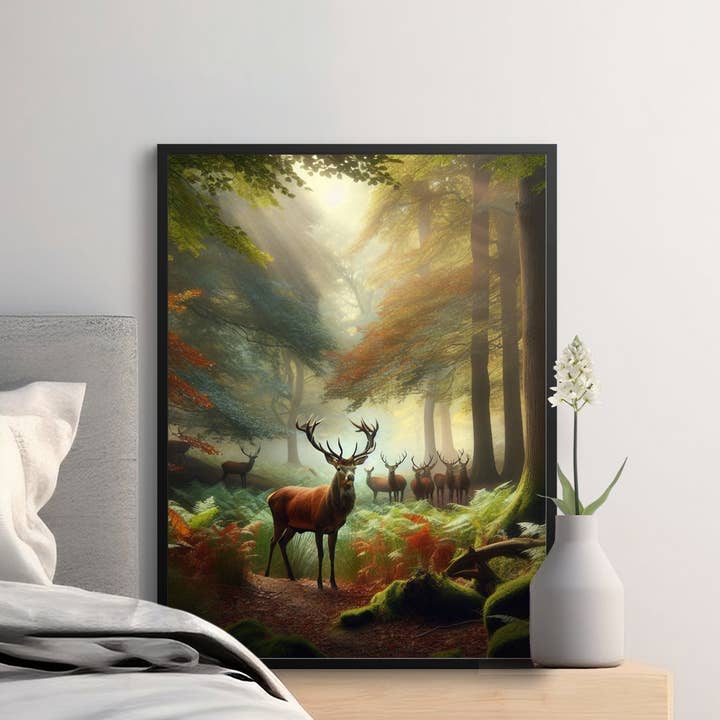 Arte de Parede Floresta Encantada com Veado, Poster de Cervo Majestoso, Quadro de Outono, Decoração Natural para Casa por atacado de FreakyTeeFactory