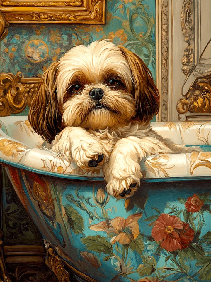 Shih Tzu in Bathtub - Pet Dog Still Life Wall Art Prints – 8″x10″ Artwork for 11″x14″ Frame for wholesale by Mowbi