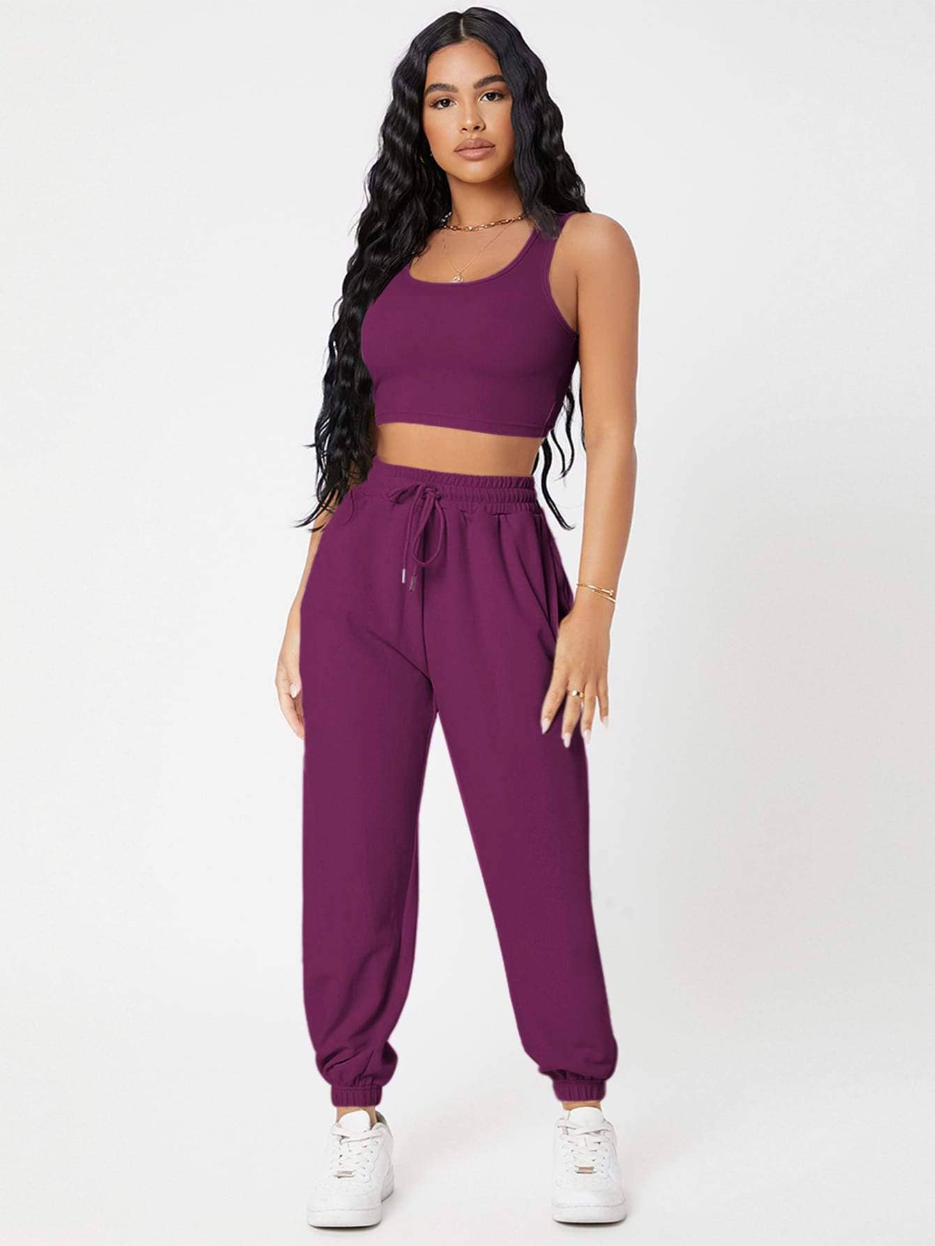 Fashion Combination - Wholesale Lounge set – Women's - petite solid crop tank top and joggers set0