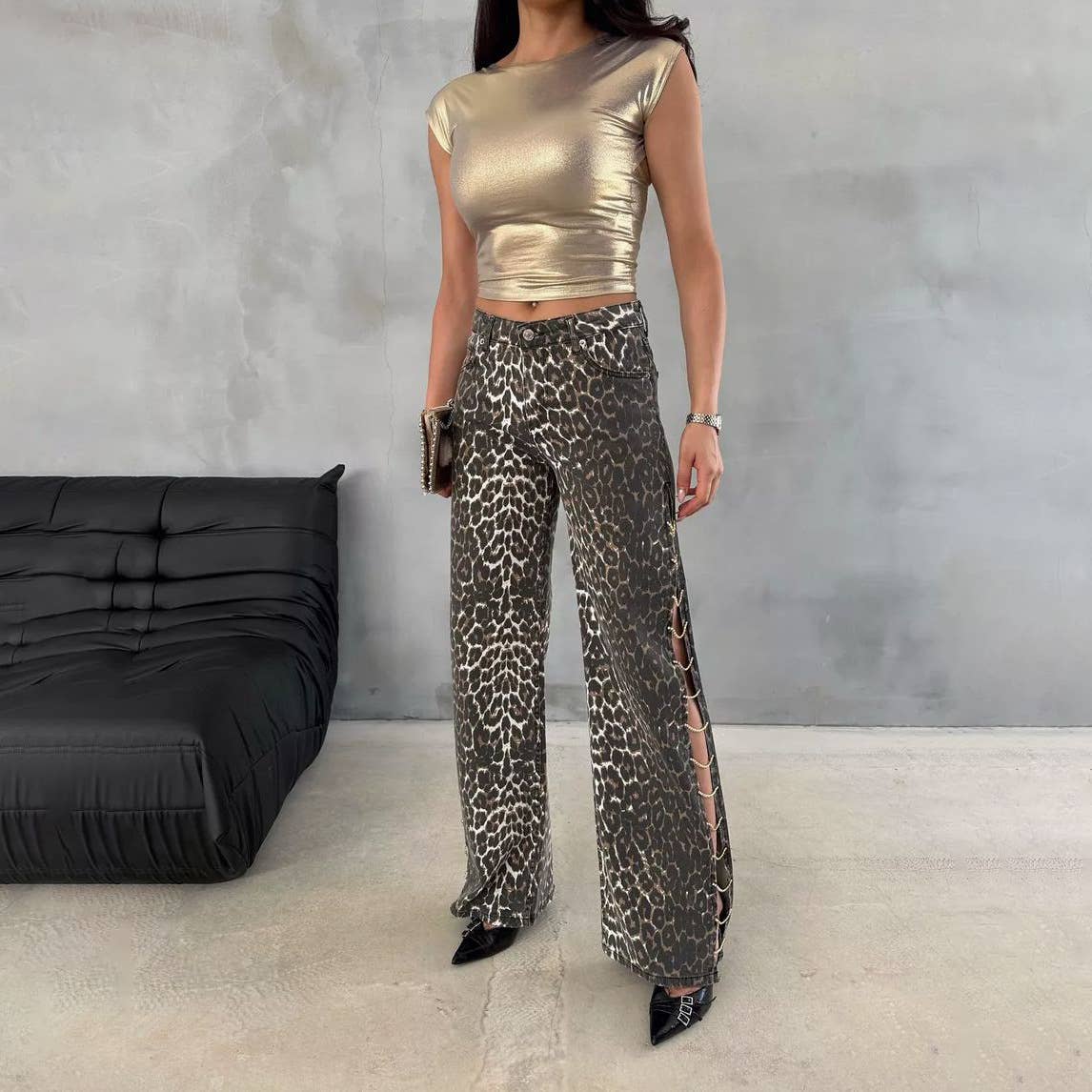 Luipaard Jeans met luipaardprint voor dames, losse, lage taille, zijsplit, casual voor groothandel op Faire2