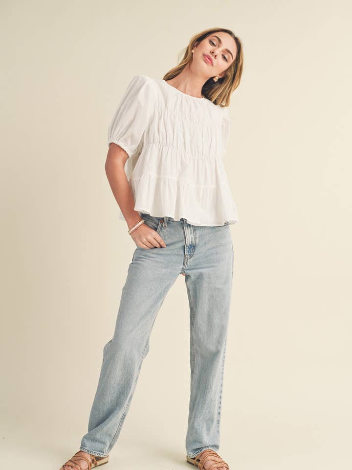 &MERCI - Wholesale Blouse - Women's - TIERED SHIRRING PUFF SLEEVE TOP MTP308144