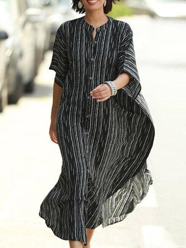 Sheer Trend - Wholesale Dress - Women's - Batwing Sleeves Half Sleeves Buttoned Pockets Striped Round-Neck Beach Cover-Up Maxi Dresses0