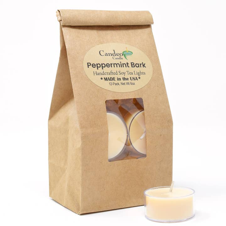 Peppermint Bark, Soy Tea Light 12-Pack for wholesale by Candeo Candle