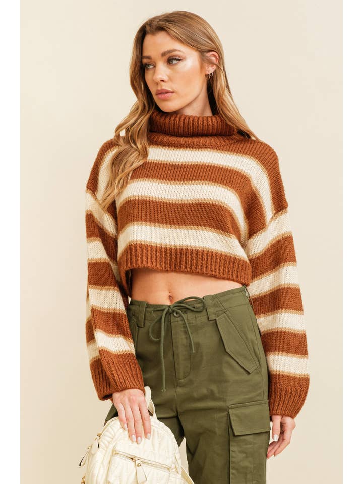Cloud Ten - Wholesale Knit Sweater - Women's - CSW3492A - CROPPED STRIPE TURTLENECK SWEATER