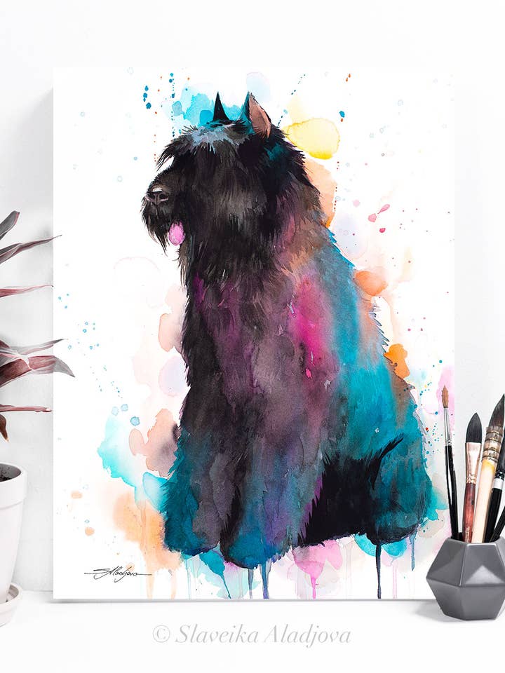Bouvier des Flandres, dessin à l'aquarelle représentant un chien, animal pour la vente par Slaveika Aladjova