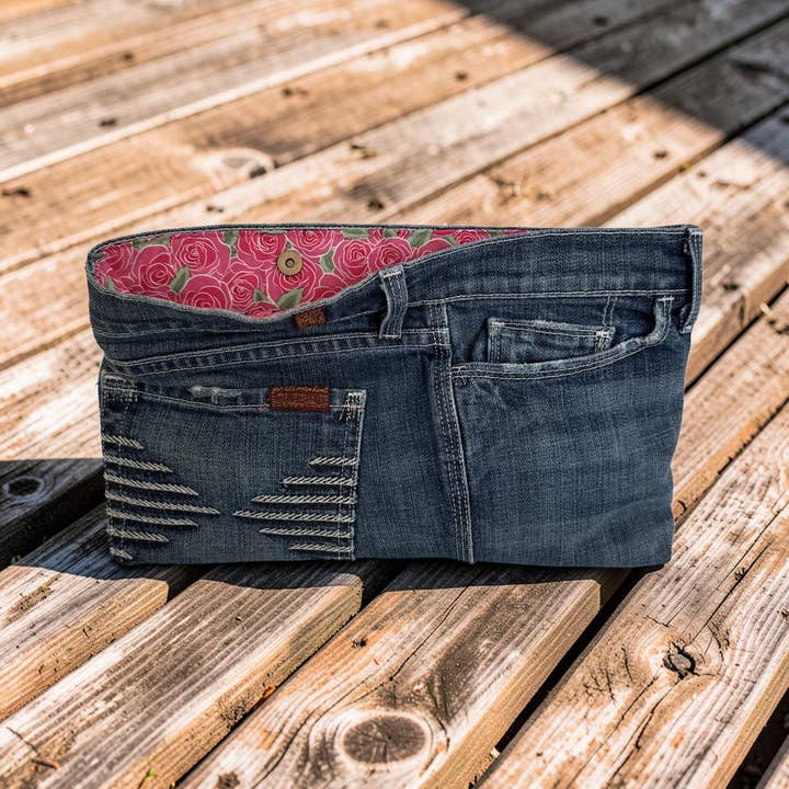 7FAM Upcycled Premium Denim clutch - pink floral for wholesale by Indigo Bags