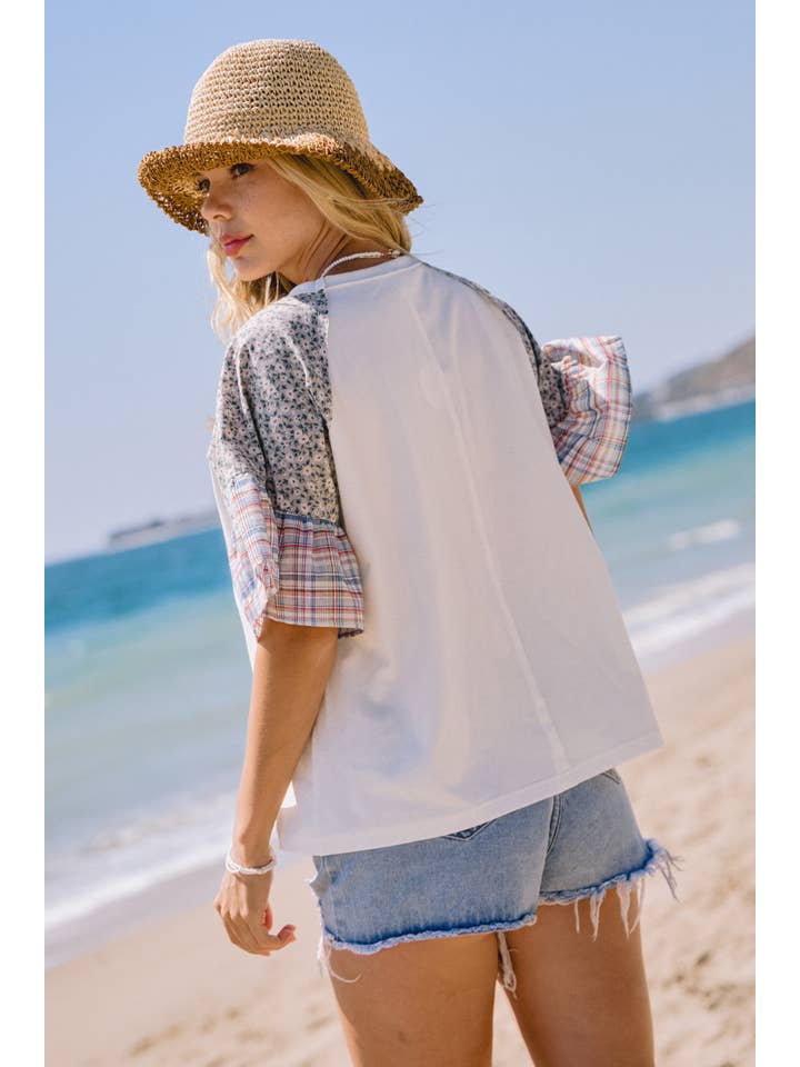 White Plus Contrast Color Block Short Sleeve Knit Top for wholesale on Faire
