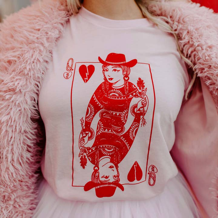 Mugsby - Wholesale Screen Printed T-Shirt - Women's - Queen of Hearts Pink Shirt, Valentine's Shirt