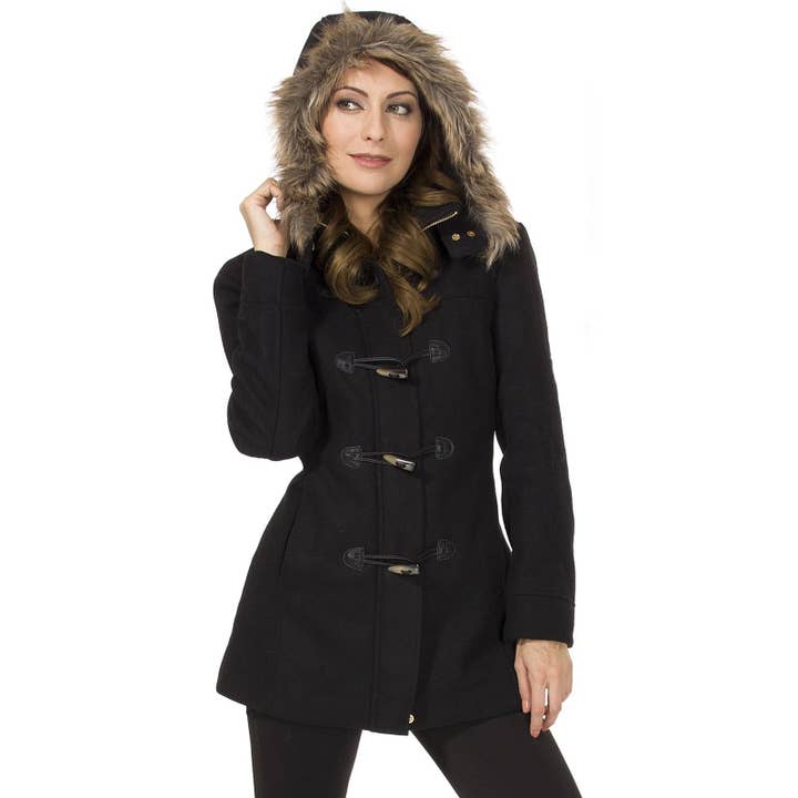 Duffy Parka à capuche pour femme avec bordure en fourrure Manteau en laine à bascule Bouton J pour la vente par Alpine Swiss
