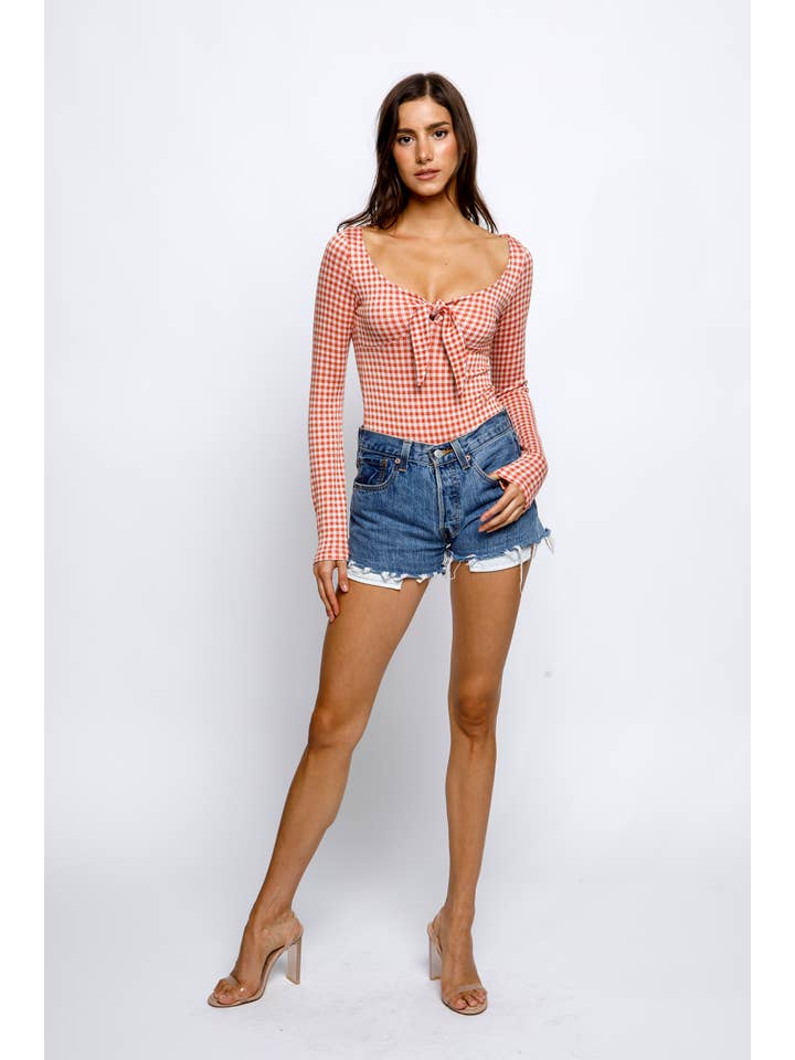 Red Check BT2472- Gingham Print Bow Bodysuit for wholesale on Faire