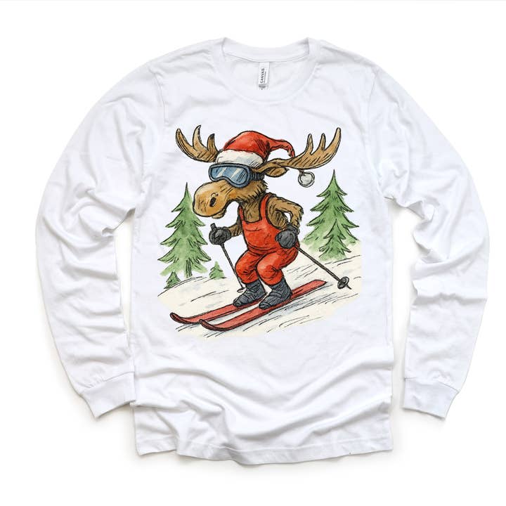 Madi Moosh - Wholesale Screen-printed t-shirt – Kids - Vintage Moose Snow Skiing Christmas T-Shirt - Christmas Tee2