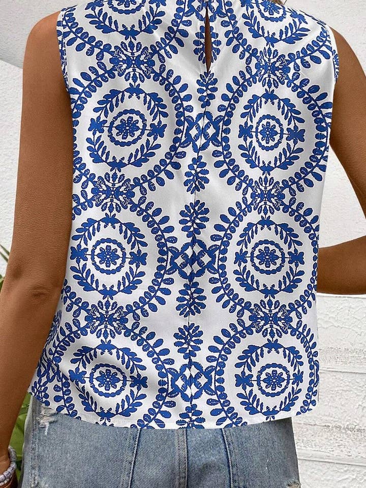 Blue Vintage Print Pintuck Crew Neck Tank Top for wholesale on Faire