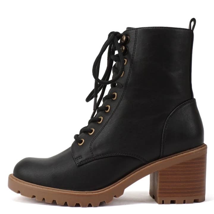 FD-VELOUR Lugsole Block Heeled Combat Ankle Boots for wholesale by Golden Bulls
