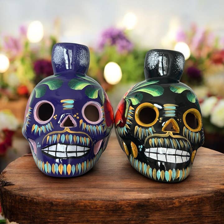 Ceramic Skull Candle Holder Day of the Dead Decor for altar for wholesale by Zoe Artcrafts Corp.