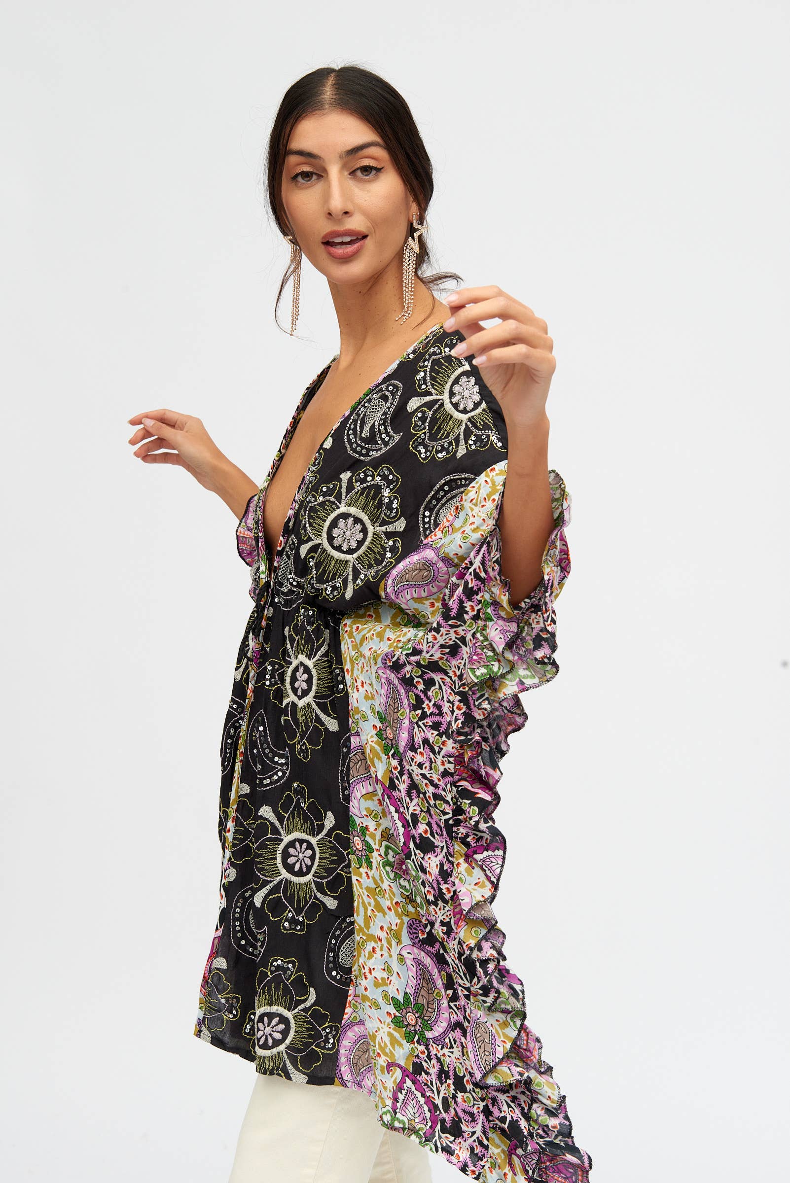  BLACK PINK AQUA GREEN  Floral Kaftan with Handcrafted Embroidery and Ruffles for wholesale on Faire1