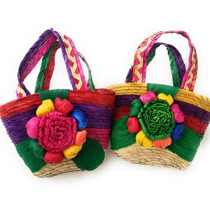 The Little Pueblo - Wholesale Beach Bag - Mexican Floral Palm Bag Handmade Candy Bag Flower Straw Bag