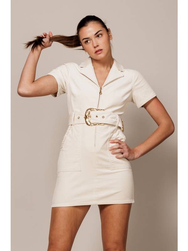 Endless Blu - Wholesale Dress - Women's - SHORT SLEEVE MINI DRESS WITH ZIPPER AND BELT