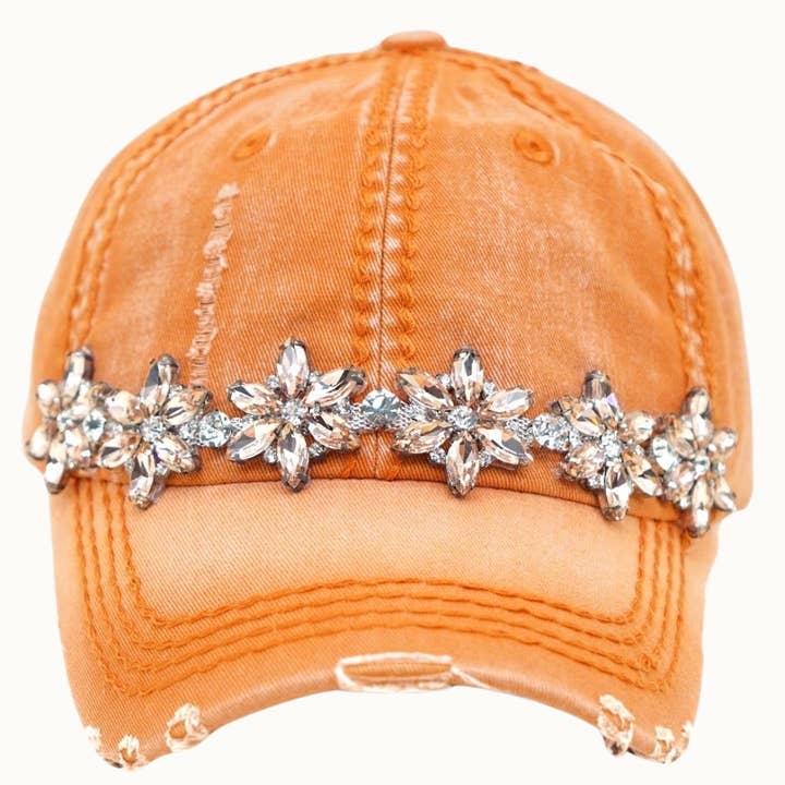Olive & Pique - Wholesale Baseball Cap - Women's - Bejeweled Bling Glitz Distressed Cap, Adjustable