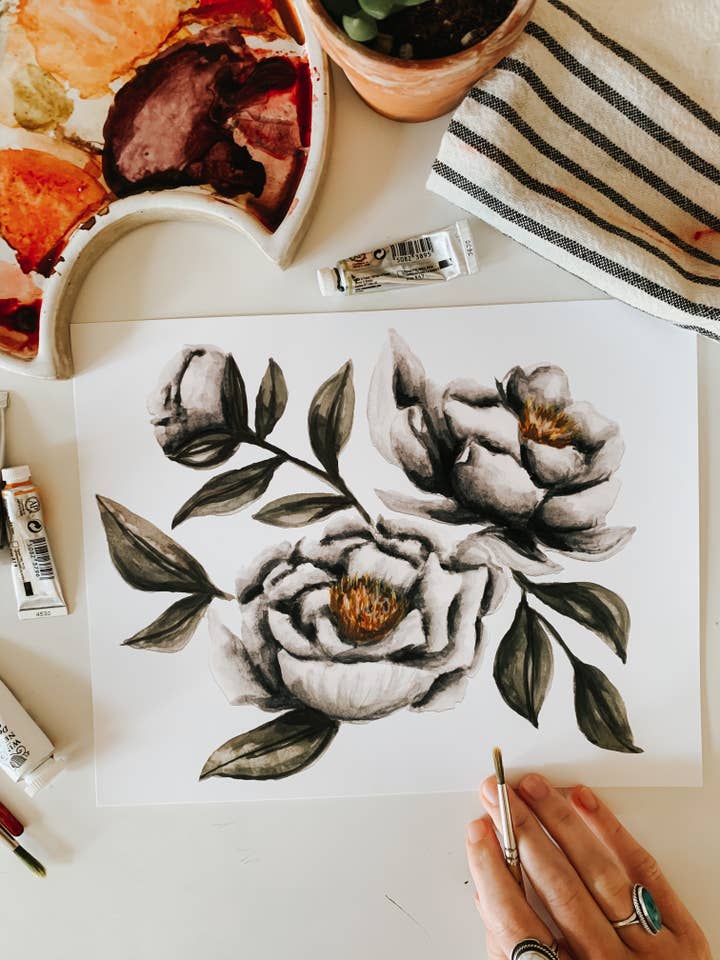 Moody Pioenen Aquarel Print voor wholesale door MacaelaMade