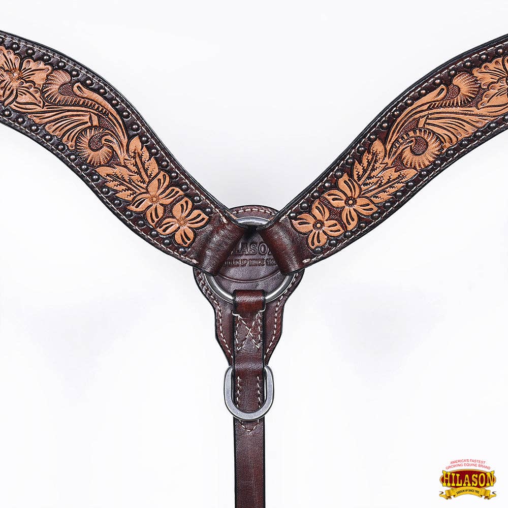 HILASON - Wholesale Horseback Riding Gear - Hilason Horse Floral Hand Carved American Leather Breast Collar Headstall Dark Brown7